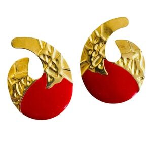 VTG Edgar Berebi Gilt swoosh earrings enamel chunky pierced designer red gold